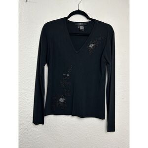 Finity Studio Beaded V Neck Black Top Size M Whimsical Goth Grung Witchy Glamour